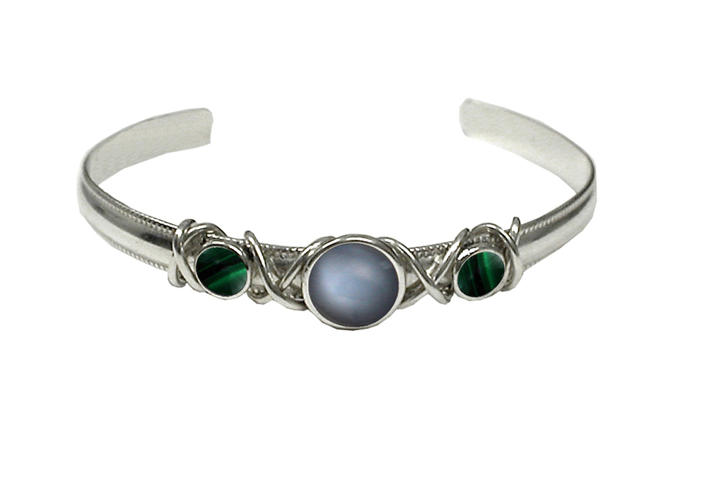 Sterling Silver Hand Made Cuff Bracelet With Grey Moonstone And Malachite